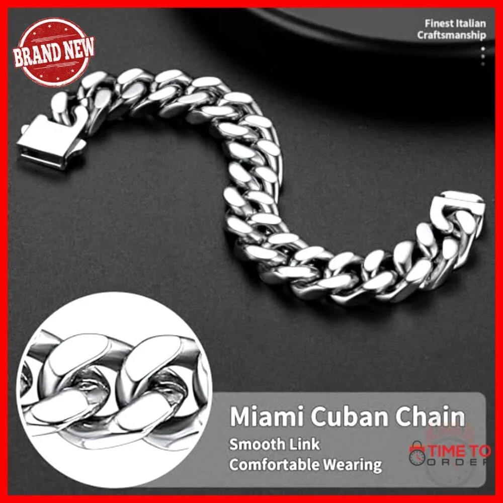 Stainless Steel Cuban Link Bracelet Men's 5mm 7mm 9mm 12mm Width Fold Over Clasp